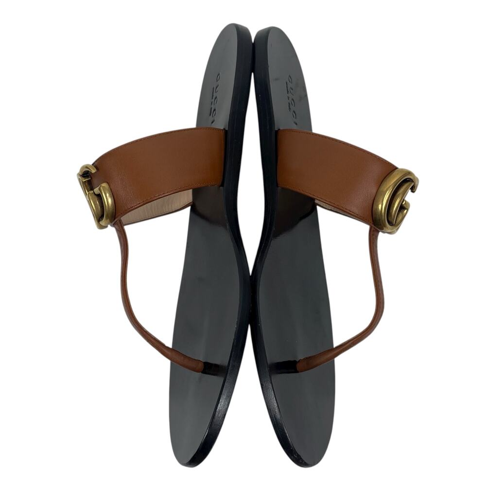 Gucci Leather Thong Sandals Gold Double G Logo Orange Brown Size 37 - Picture 5 of 11